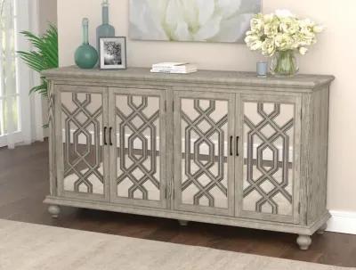 Melanie 4-Door Wood Trellis Accent Cabinet Distressed White