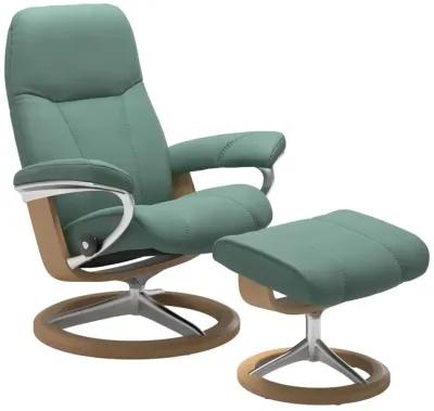 Stressless Consul Paloma Aqua Green Medium Chair & Ottoman with Signature Base & Oak Finish