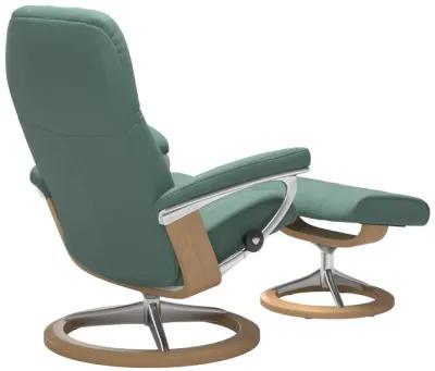 Stressless Consul Paloma Aqua Green Medium Chair & Ottoman with Signature Base & Oak Finish