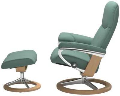 Stressless Consul Paloma Aqua Green Medium Chair & Ottoman with Signature Base & Oak Finish