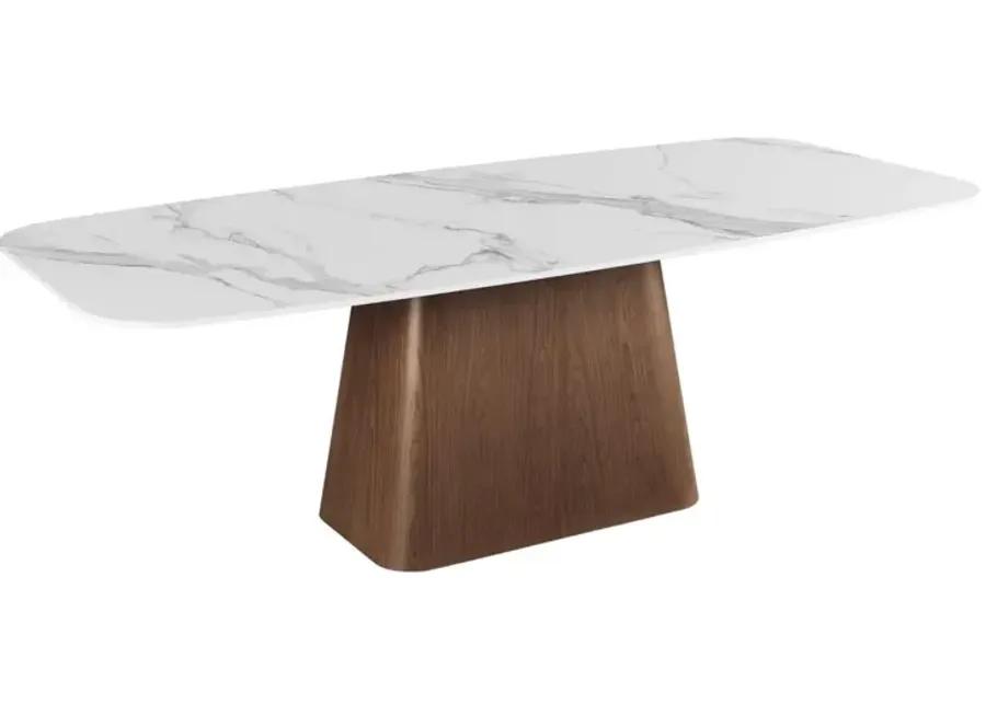 KENZA MODERN MARBLEIZED SINTERED STONE TOP DINING TABLE & WOODEN LEGGED CHAIRS