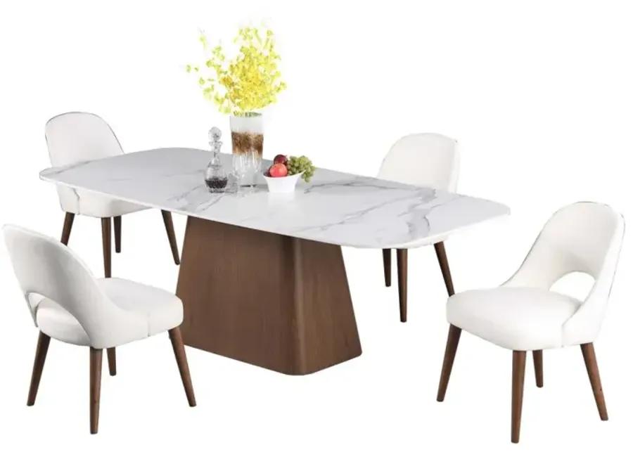 KENZA MODERN MARBLEIZED SINTERED STONE TOP DINING TABLE & WOODEN LEGGED CHAIRS