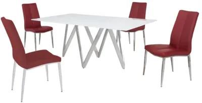 ABIGAIL RED MODERN DINING SET WITH WHITE GLASS TABLE & 4 CHAIRS