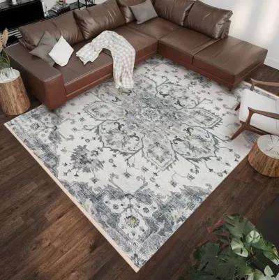 Modern Distressed Floral Medallion 5'X8' Area Rug in soft Grey Tones