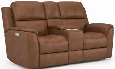 Flexsteel Henry Caramel Leather Triple Power Reclining Console Loveseat