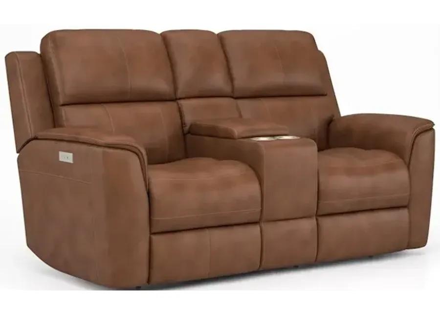 HENRY LEATHER TRIPLE PWR RECL CONSOLE LOVESEAT IN CARAMEL 946-72