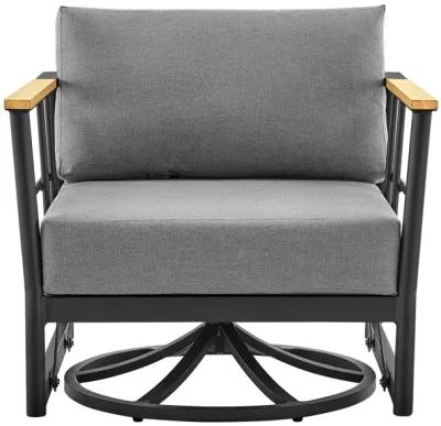 Shari Outdoor Patio Swivel Glider Lounge Chair in Black Aluminum and Teak Wood with Cushions