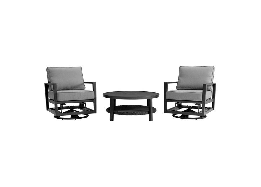 Shari and Tiffany 3 Piece Patio Outdoor Swivel Seating Set in Black Aluminum with Gray Cushions