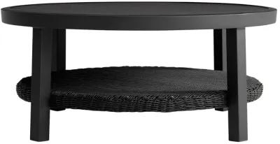 Grand Aluminum Outdoor Round Conversation Table with Wicker Shelf in Black