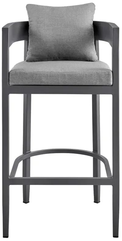 Argiope Outdoor Patio Counter Height Bar Stool in Aluminum with Gray Cushions