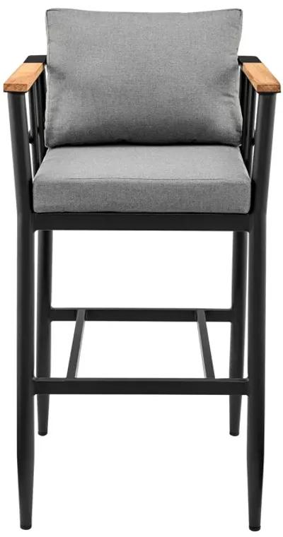 Wiglaf Outdoor Patio Counter Height Bar Stool in Aluminum and Teak with Gray Cushions