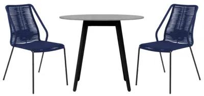 Sydney and Clip 3 Piece Outdoor Patio 36" Dining Set in Black Eucalyptus Wood and Blue Rope