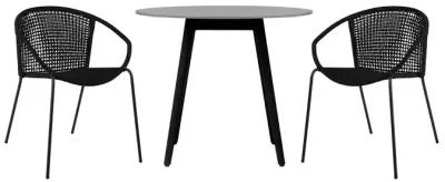 Sydney and Snack 3 Piece Outdoor Patio 36" Dining Set in Black Eucalyptus Wood and Black Rope