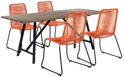 Koala and Shasta 5 Piece Outdoor Patio Dining Set in Light Eucalyptus Wood and Tangerine Rope