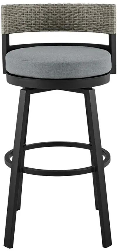 Encinitas Outdoor Patio Counter Height Swivel Bar Stool in Aluminum and Wicker with Gray Cushions