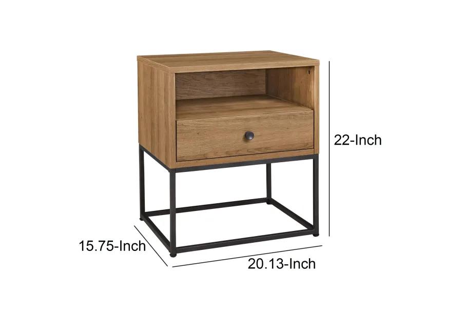 Mila 22 Inch Modern Wood Nightstand On Metal Base, Open Shelf, Light Brown-Benzara