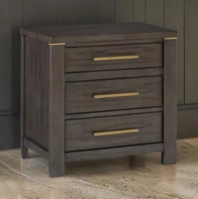 Carie 29 Inch Nightstand, 3 Drawers, Gold Accent Handles, Brown Gray Wood - Benzara