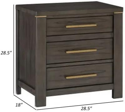 Carie 29 Inch Nightstand, 3 Drawers, Gold Accent Handles, Brown Gray Wood - Benzara