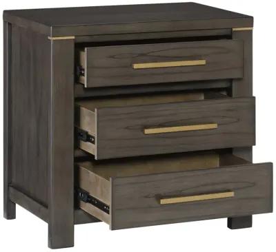 Carie 29 Inch Nightstand, 3 Drawers, Gold Accent Handles, Brown Gray Wood - Benzara