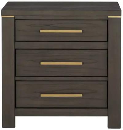 Carie 29 Inch Nightstand, 3 Drawers, Gold Accent Handles, Brown Gray Wood - Benzara