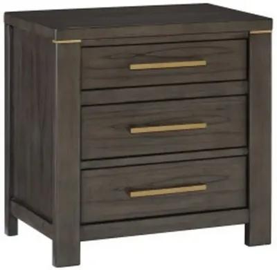 Carie 29 Inch Nightstand, 3 Drawers, Gold Accent Handles, Brown Gray Wood - Benzara