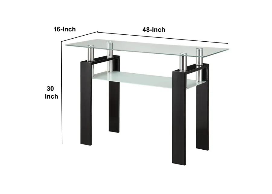 48 Inch Modern Sofa Console Table, Frosted Glass Shelf, Chrome, Black-Benzara