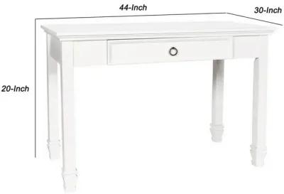 Single Drawer Wooden Desk with Metal Ring Pull and Tapered Legs, White-Benzara