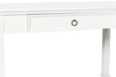 Single Drawer Wooden Desk with Metal Ring Pull and Tapered Legs, White-Benzara