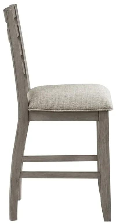 Trea 26 Inch Counter Height Chair, Ladder Back, Polyester, Gray Wood, Set of 2 - Benzara