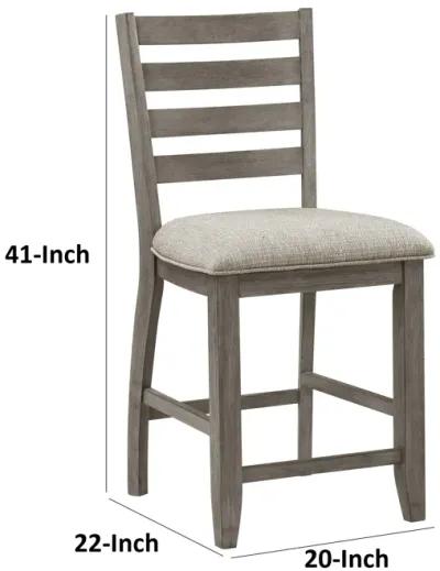 Trea 26 Inch Counter Height Chair, Ladder Back, Polyester, Gray Wood, Set of 2 - Benzara