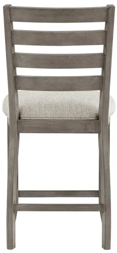 Trea 26 Inch Counter Height Chair, Ladder Back, Polyester, Gray Wood, Set of 2 - Benzara