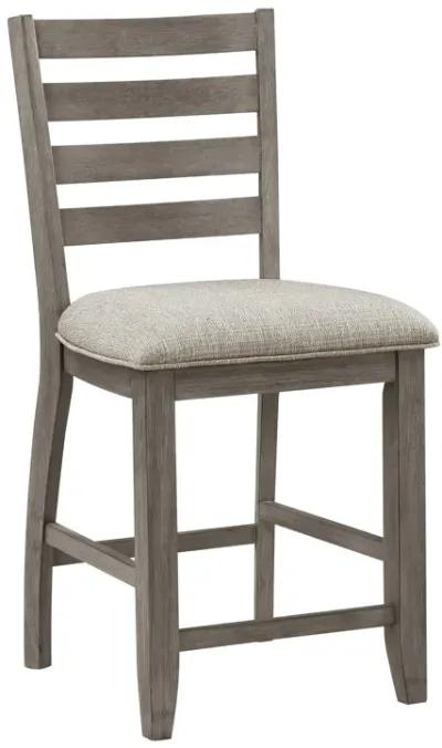 Trea 26 Inch Counter Height Chair, Ladder Back, Polyester, Gray Wood, Set of 2 - Benzara