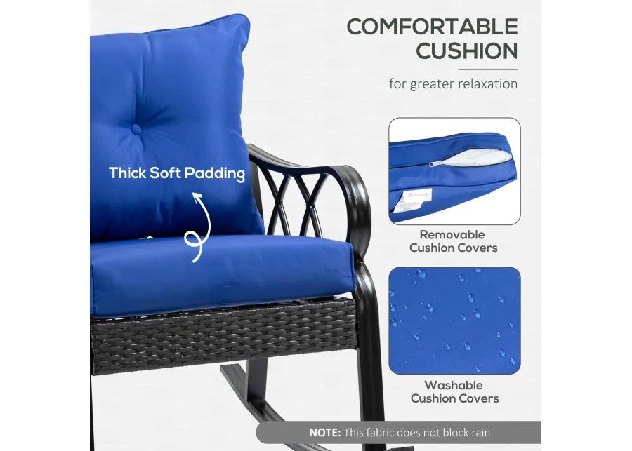 Outsunny Outdoor Wicker Rocking Chair with Padded Cushions, Aluminum Furniture Rattan Porch Rocker Chair w/ Armrest for Garden, Patio, and Backyard, Blue