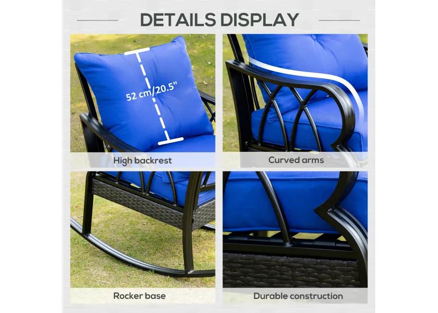 Outsunny Outdoor Wicker Rocking Chair with Padded Cushions, Aluminum Furniture Rattan Porch Rocker Chair w/ Armrest for Garden, Patio, and Backyard, Blue