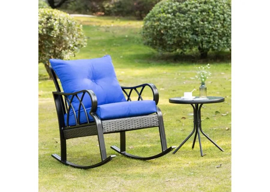 Outsunny Outdoor Wicker Rocking Chair with Padded Cushions, Aluminum Furniture Rattan Porch Rocker Chair w/ Armrest for Garden, Patio, and Backyard, Blue