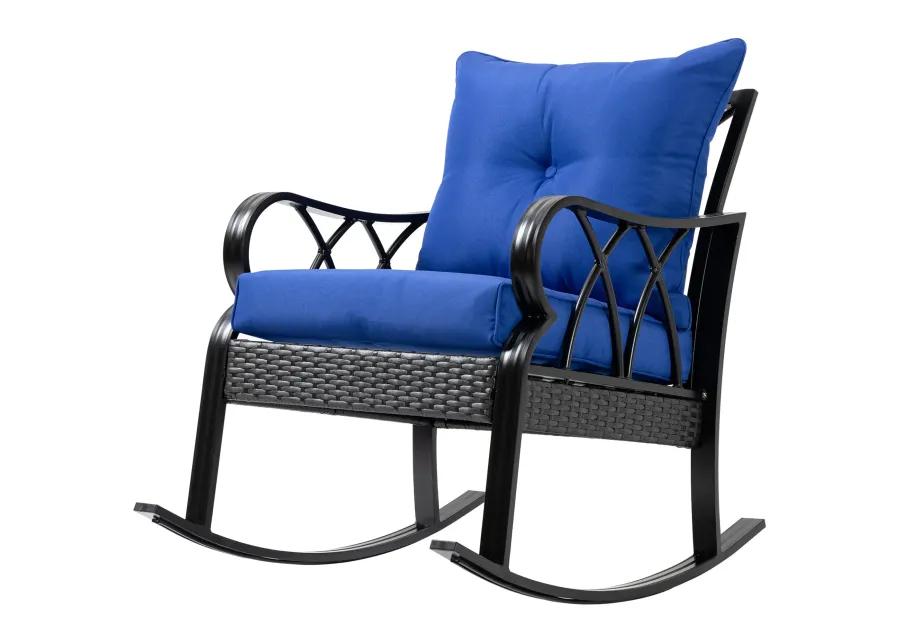 Outsunny Outdoor Wicker Rocking Chair with Padded Cushions, Aluminum Furniture Rattan Porch Rocker Chair w/ Armrest for Garden, Patio, and Backyard, Blue