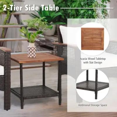 Hivvago 3 Pieces Patio Rattan Furniture Set with Acacia Wood Tabletop