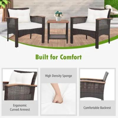 Hivvago 3 Pieces Patio Rattan Furniture Set with Acacia Wood Tabletop