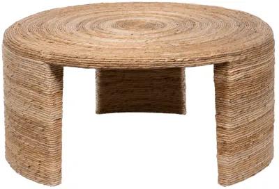 Asha 36 Inch Coffee Table, Round Shaped Top with Natural Rattan Wrapping - Benzara