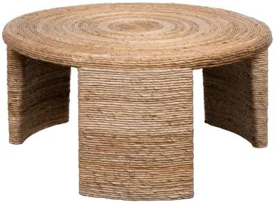 Asha 36 Inch Coffee Table, Round Shaped Top with Natural Rattan Wrapping - Benzara