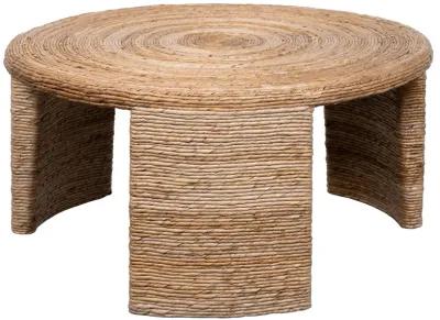 Asha 36 Inch Coffee Table, Round Shaped Top with Natural Rattan Wrapping - Benzara