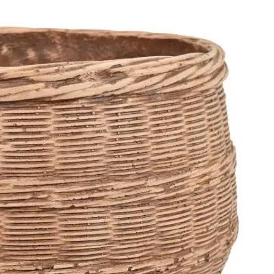 15 Inch Planter, Rustic Basket Woven Design, Resin Finish, Natural Brown - Benzara