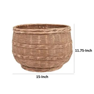 15 Inch Planter, Rustic Basket Woven Design, Resin Finish, Natural Brown - Benzara