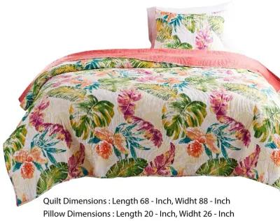 Aulne 2 Piece Twin Quilt Set with Leaf Print, Multicolor - Benzara