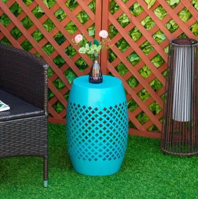 Outsunny 12.5" Steel Patio End Table, Round Hollow Drum Side Table, Accent Table for Indoor and Outdoor, Blue