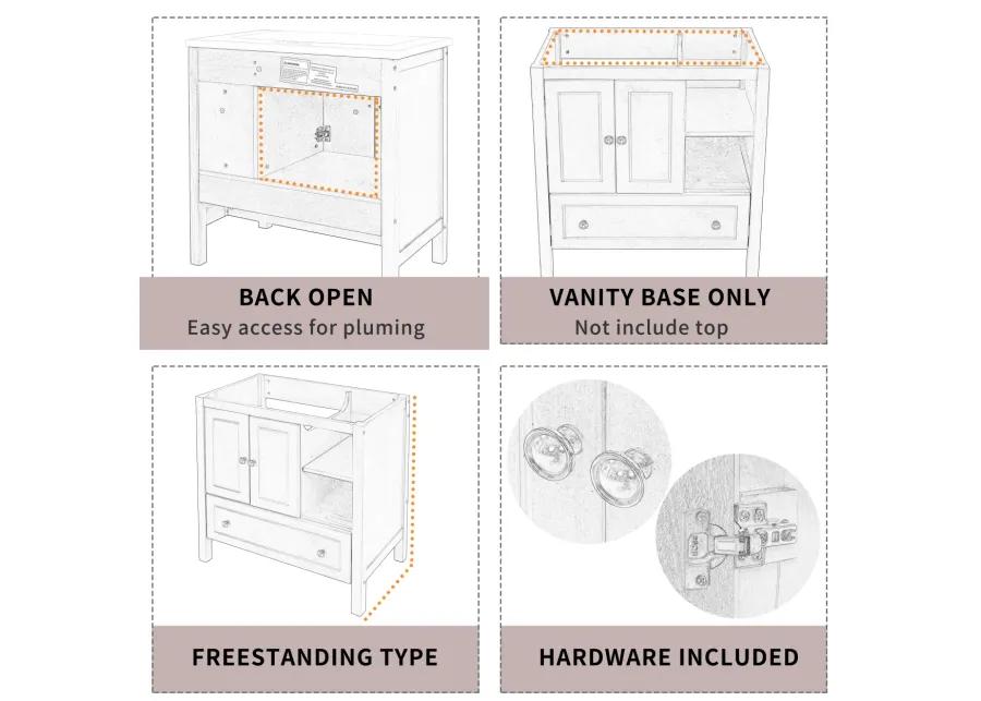 30" Bathroom Vanity Base Only, Solid Wood Frame, Bathroom Storage Cabinet With Doors And Drawers