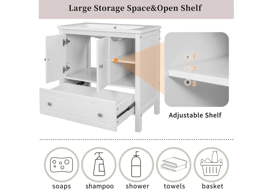 30" Bathroom Vanity Base Only, Solid Wood Frame, Bathroom Storage Cabinet With Doors And Drawers