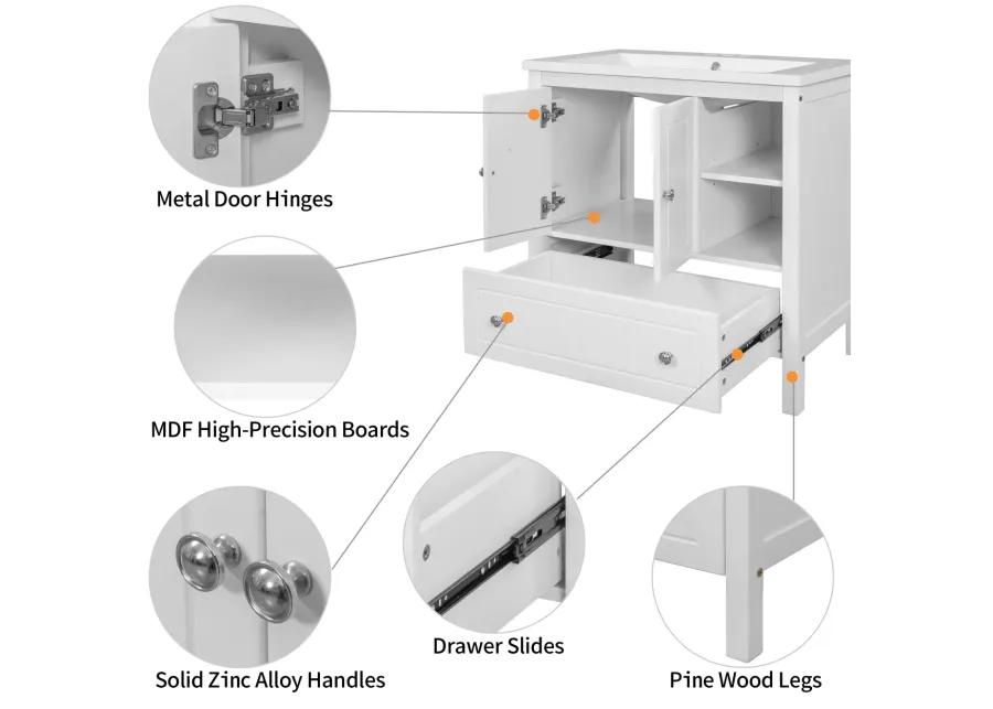 30" Bathroom Vanity Base Only, Solid Wood Frame, Bathroom Storage Cabinet With Doors And Drawers