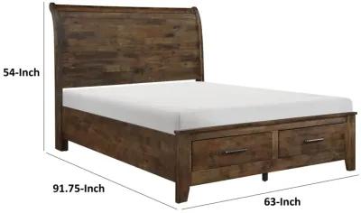 Rick Queen Size Platform Bed, Sleigh, 2 Footboard Storage, Brown Rubberwood - Benzara