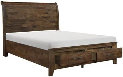 Rick Queen Size Platform Bed, Sleigh, 2 Footboard Storage, Brown Rubberwood - Benzara